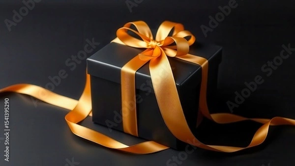 Obraz Black gift box with a gold ribbon on a dark background. An elegant composition that creates an atmosphere of luxury and celebration. Suitable for advertising layouts.