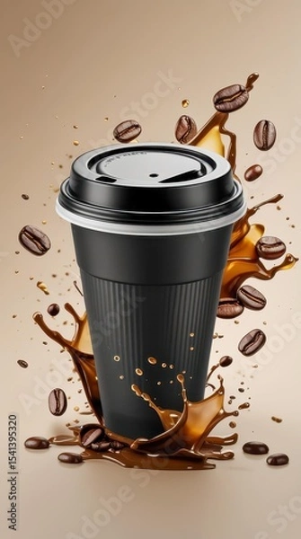 Obraz Disposable black coffee cup with lid surrounded by spectacular splashes of drink and beans. Dynamic composition on the background in warm beige and brown tones.