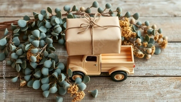 Obraz The beige parcel is neatly placed on a wooden toy car. The composition is decorated with eucalyptus branches and dried flowers, creating an atmosphere of natural aesthetics.