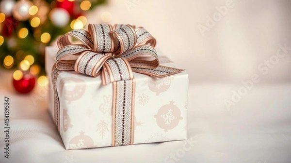 Obraz Beautiful gift box with a bow is decorated for the holiday. The perfect symbol of surprise, attention and celebration. Suitable for themes of congratulations, packaging and a festive mood.