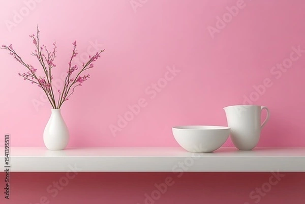 Obraz Smooth Pink Pastel Gradient with Clean White Vase and Bowls on Minimalist Shelf