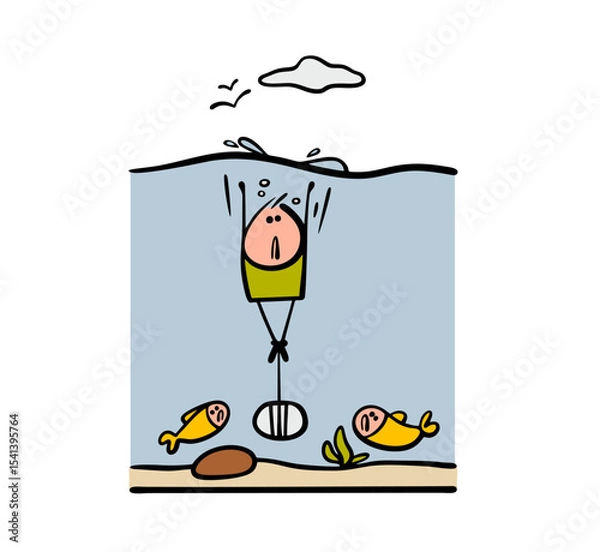 Obraz Unfortunate stickman with a stone tied to his feet fell into the water. Vector illustration of a man going down. Psychological help is needed. The fish in the sea look at the victim.