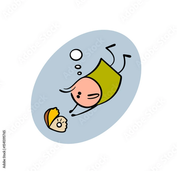 Obraz Funny cartoon stickman dives into the sea for prey. vector illustration of a pearl diver. Ocean floor and a beautiful open shell with a large pearl beckon the hunter.