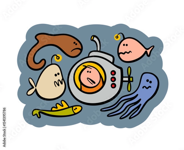 Obraz Small submarine sank to the bottom of the ocean and met sea monsters. Vector illustration of a traveler, an explorer of the depths, looking fearfully at scary fish.