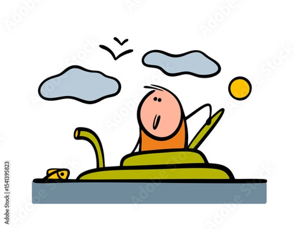 Obraz Funny man rose to  surface of water in  ocean  enjoys fresh air and space. vector illustration of cartoon character climbing out of  underground boat into the sea, looking at the clouds in the sky.