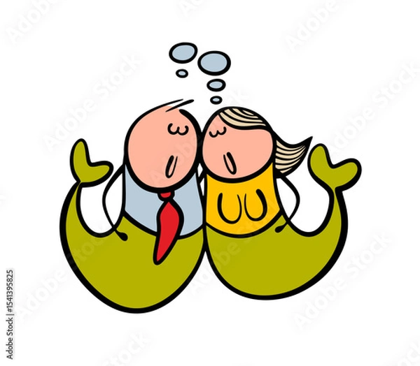 Obraz Cartoon man and  mermaid woman in the ocean hug and love. Vector illustration of a family of fabulous creatures in the sea with tails. Funny fish with a human body.