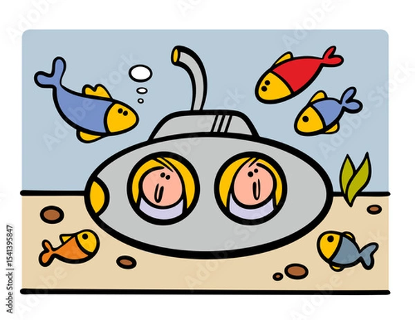 Obraz Cartoon people and funny characters swim deep in a submarine and explore the flora and fauna of the ocean. Vector illustration of fish looking at  vehicle.