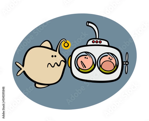 Obraz Sea monster and a submarine met at the depths of the sea.  Vector illustration of a scary huge fish with  lantern and frightened wayfarers on the ocean floor in the dark.