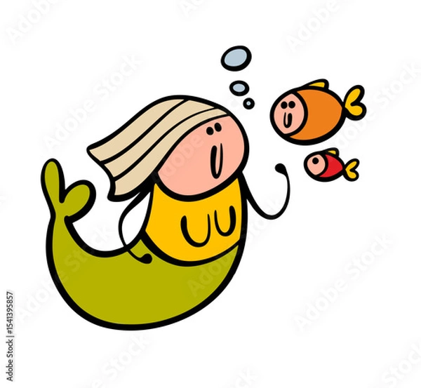 Obraz Cartoon mermaid swims in the sea and talks to fish. vector illustration of a woman with a tail from a fairy tale. Sea character with long hair,  beautiful girl, the daughter of a king.