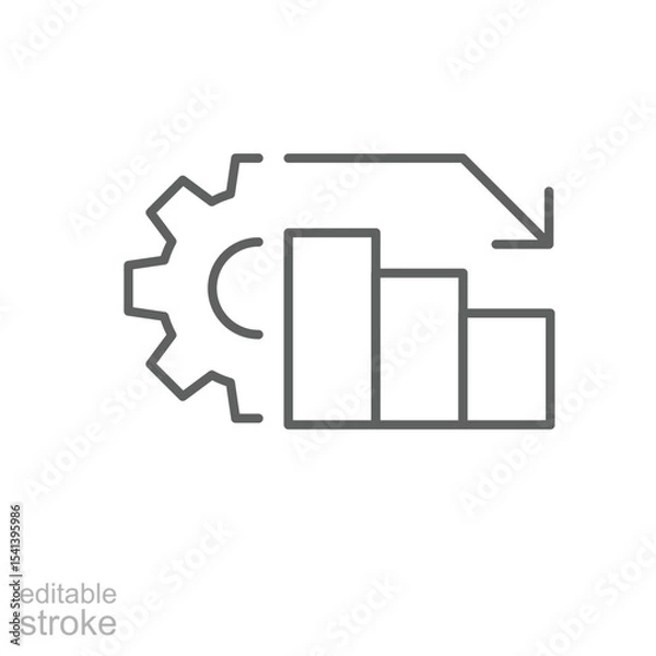 Fototapeta Low performance chart icon outline style. A declining bar graph with gear and downward arrow showing reduced efficiency or productivity drop. Thin line symbol vector illustration. Editable stroke