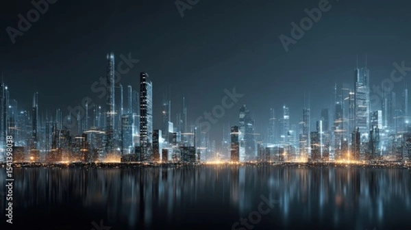 Obraz Future Cityscape with Tall Buildings and Reflections at Dusk or Nighttime