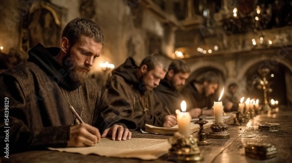 Obraz Monks In Monastery Scribing Manuscripts By Candlelight On Medieval Table