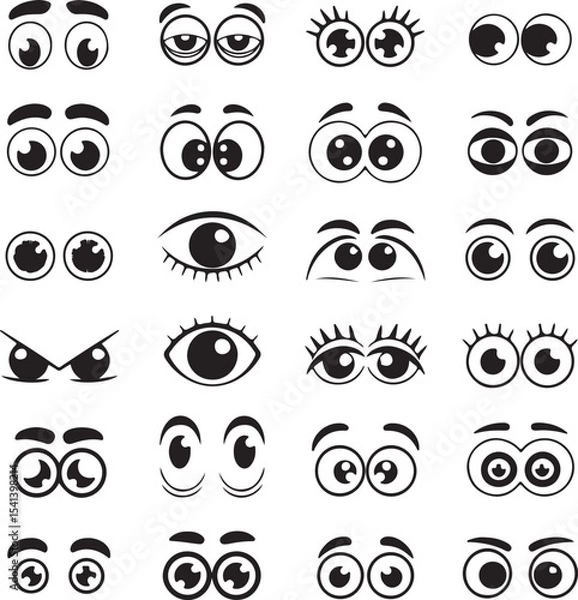 Fototapeta Collection of Twenty Four Cartoon Eyes Black and White Silhouette Illustrations Various Expressions Eyebrows