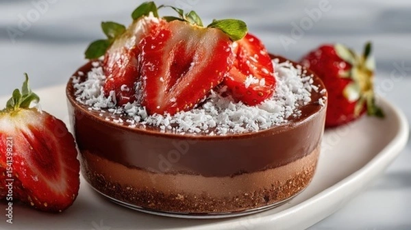 Obraz Chocolate layered dessert with strawberries and coconut shavings on a white dish