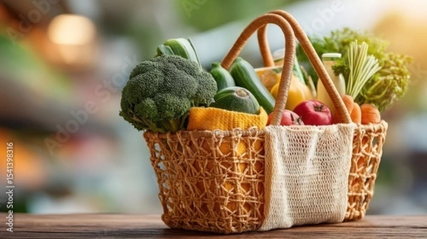Obraz Woven Basket Overflowing with Assorted Fresh Vegetables and Produce on Rustic Table