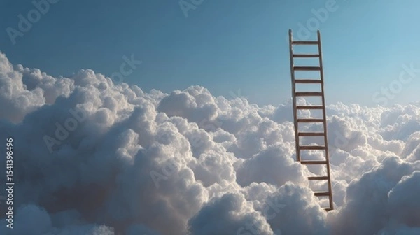 Obraz Wooden Ladder Reaching Upward Through Fluffy Clouds Under a Clear Blue Sky