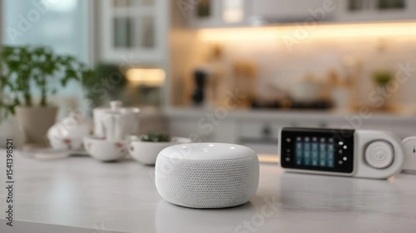 Obraz Smart Speaker and Device on White Countertop in Bright Kitchen