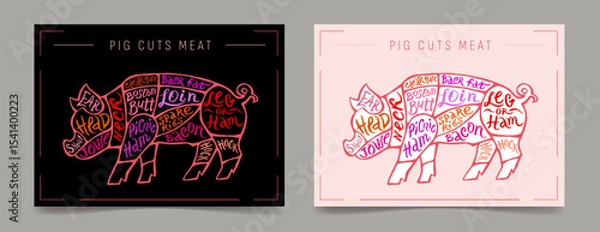 Fototapeta Pig Meat Cutting Kit. Butcher poster diagram, chart and guide - pork. Vintage typography, hand drawn.