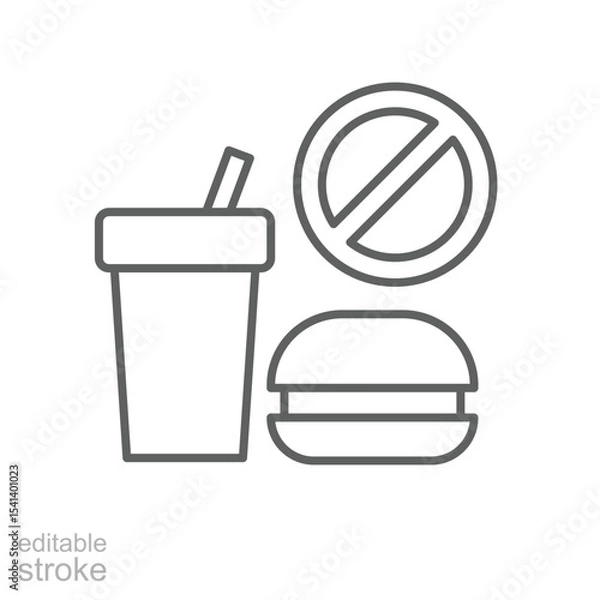 Fototapeta Fast food forbidden icon Outline thin line image of drink and burger with stop sign for nutrition alert or health concept