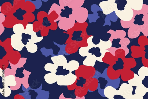 Obraz Seamless pattern with wild flowers, colorful botanical illustration, floral elements, repeating background. Red, blue and white flowers for background.