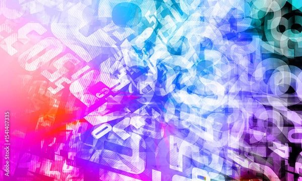 Fototapeta abstract colorfuland composed of overlapping and fragmented letters and numbers, with a gradient background, pink, purple, blue, green, fashion, object, copy space