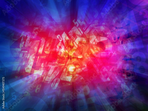 Fototapeta abstract pink and blue and violet digital background , overlaid on blur numerous fragmented and distorted numerical and alphabetical characters, appearing, transparent, motion background