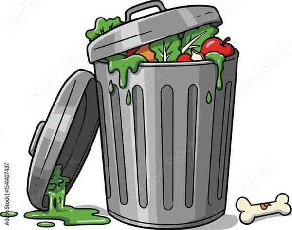 Fototapeta Overflowing trash can with food waste, cartoon garbage bin, compost, organic leftovers, dirty scene, vector illustration,
