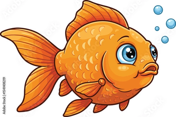 Obraz Cute orange goldfish cartoon with big eyes and bubbles, vector illustration for aquatic, fish tank, sea life design, kids art