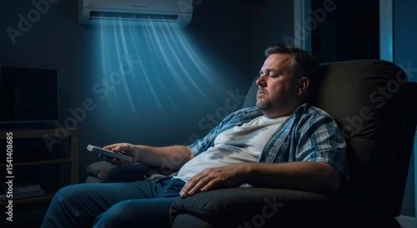 Obraz A man relaxing comfortably in a recliner with cool air from an air conditioner providing relief from the heat at home.
