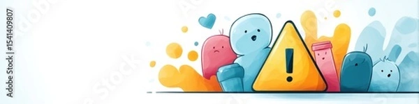 Fototapeta Colorful warning sign illustration featuring playful cartoon characters representing safety and caution in activities