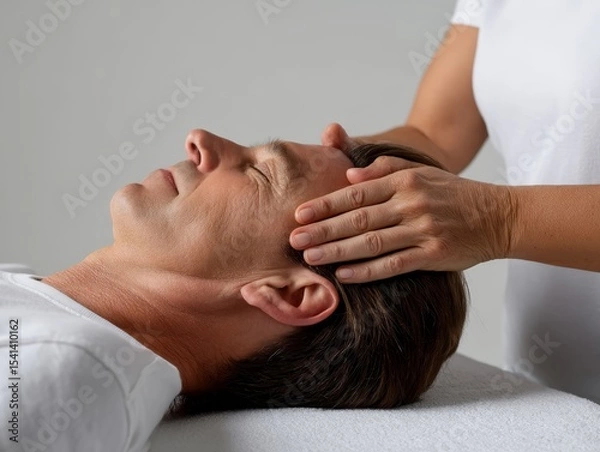 Obraz Relaxing Thai Massage Head and Neck Technique with Soothing Fingertip Pressing on Base of Skull Against Calming White Background - Photorealistic Image