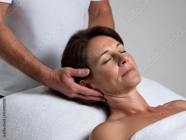 Obraz Tranquil Thai Massage Head and Neck Technique with Therapist's Fingertips - Calming White Background in Natural Light, Photorealistic Close Up