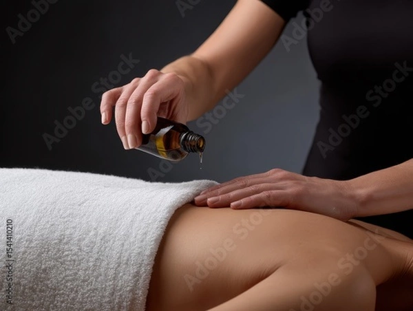 Obraz Relaxing Aromatherapy Massage with Oil Application on Abdomen in Warm Ambiance | Photorealistic Spa Treatment Concept