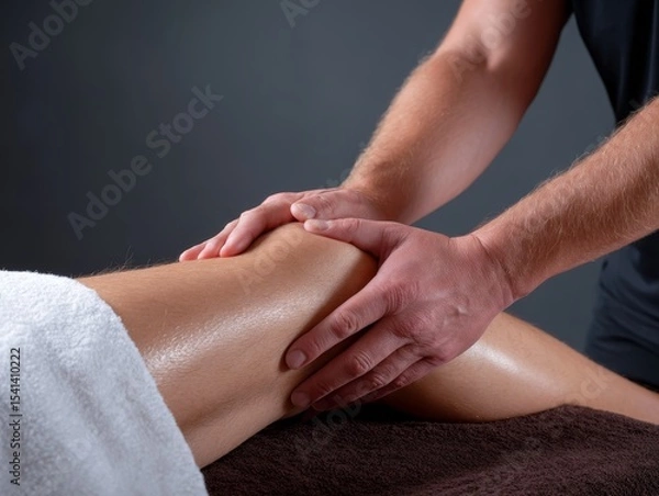 Obraz Therapist Applying Deep Tissue Massage on Thigh Muscle in Dark Spa Setting with Clear Oil Gloss, Photorealistic Close-Up Shot