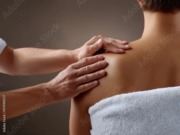 Obraz Therapist Applying Deep Pressure Massage on Lower Spine with Elbow - Close-up Photorealistic Scene with Warm Lighting