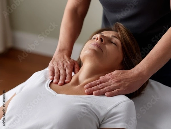 Obraz Serene Lymphatic Drainage Massage Technique by Therapist â€“ Gentle Sternum Movement in Peaceful Setting with Soft Lighting and Linens