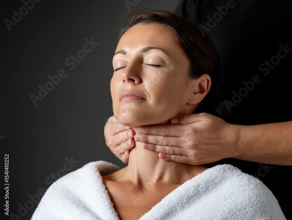 Obraz Relaxing Lymphatic Drainage Massage Therapy on Neck with Gentle Fingertip Strokes in Ambient Lighting Setting