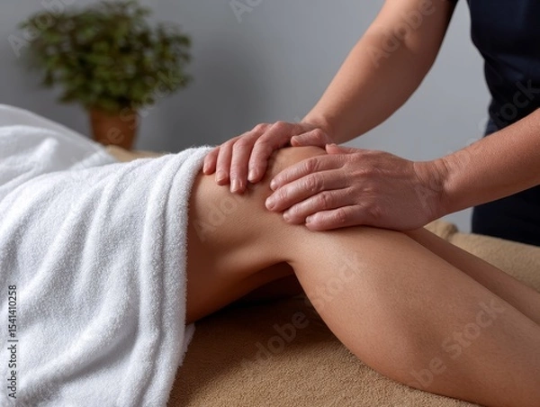 Obraz Gentle Lymphatic Drainage Massage Technique Behind the Knee Area with Therapist's Fingertip Circles - Close-Up Photorealistic Image