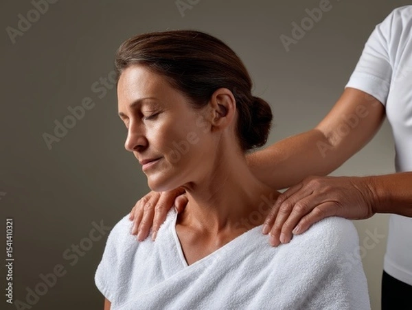 Obraz Therapeutic Warm Compress Applied to Neck Muscle for Pressure Point Therapy - Photorealistic Close-Up with Herbal Stained Cotton Wrap and Subtle Steam