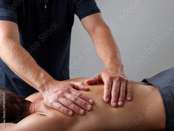 Obraz Therapeutic Sports Massage Technique: Deep Pressure on Upper Back with Forearm Glide