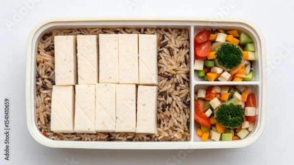 Obraz Vegan diet for cholesterol concept. Healthy meal with tofu and mixed vegetables in a divided tray.