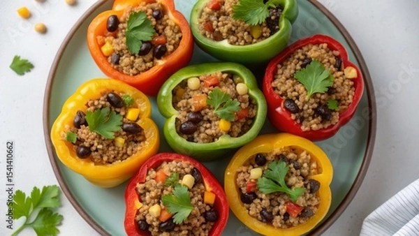Obraz Vegan diet for cholesterol concept. Stuffed bell peppers with quinoa and vegetables on a plate.