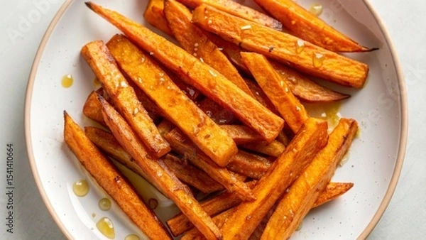 Obraz Vegan diet for cholesterol concept. Crispy sweet potato fries on a plate drizzled with oil.