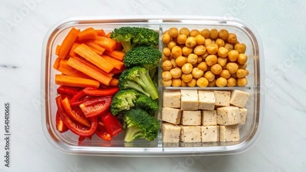 Obraz Vegan diet for cholesterol concept. Healthy meal prep with colorful vegetables and tofu.