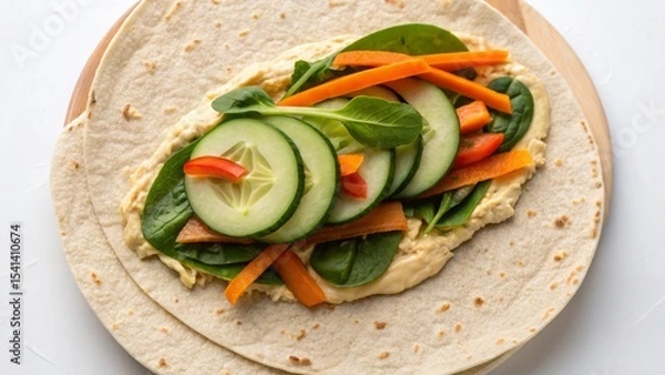 Obraz Vegan diet for cholesterol concept. Fresh vegetable wrap on a plate with vibrant greens and colorful peppers.