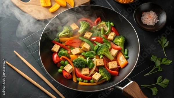 Obraz Vegan diet for cholesterol concept. Vibrant vegetable stir-fry with tofu in a wok.