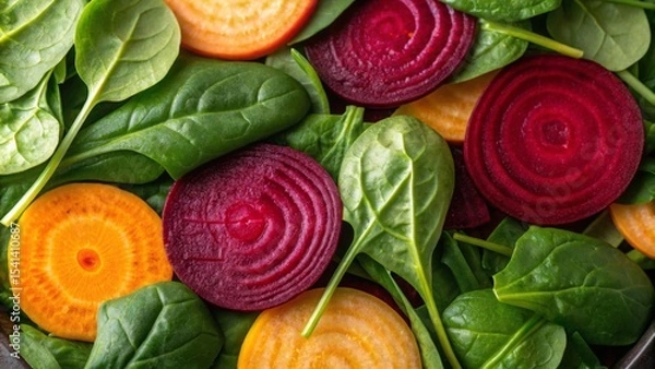 Obraz Vegan diet for cholesterol concept. Colorful beetroot slices with fresh spinach leaves.