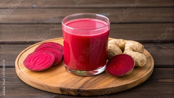 Obraz Vegan diet for cholesterol concept. Fresh beetroot juice with slices on a wooden board.