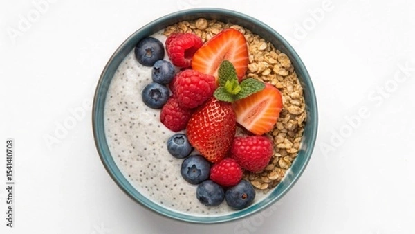 Obraz Vegan diet for cholesterol concept. Fresh smoothie bowl topped with berries and granola.