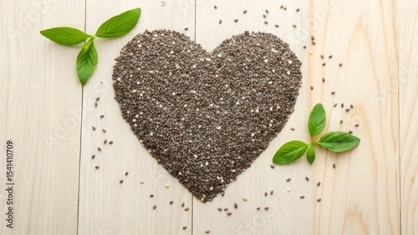 Obraz Vegan diet for cholesterol concept. Heart-shaped seeds with fresh leaves on a wooden surface.